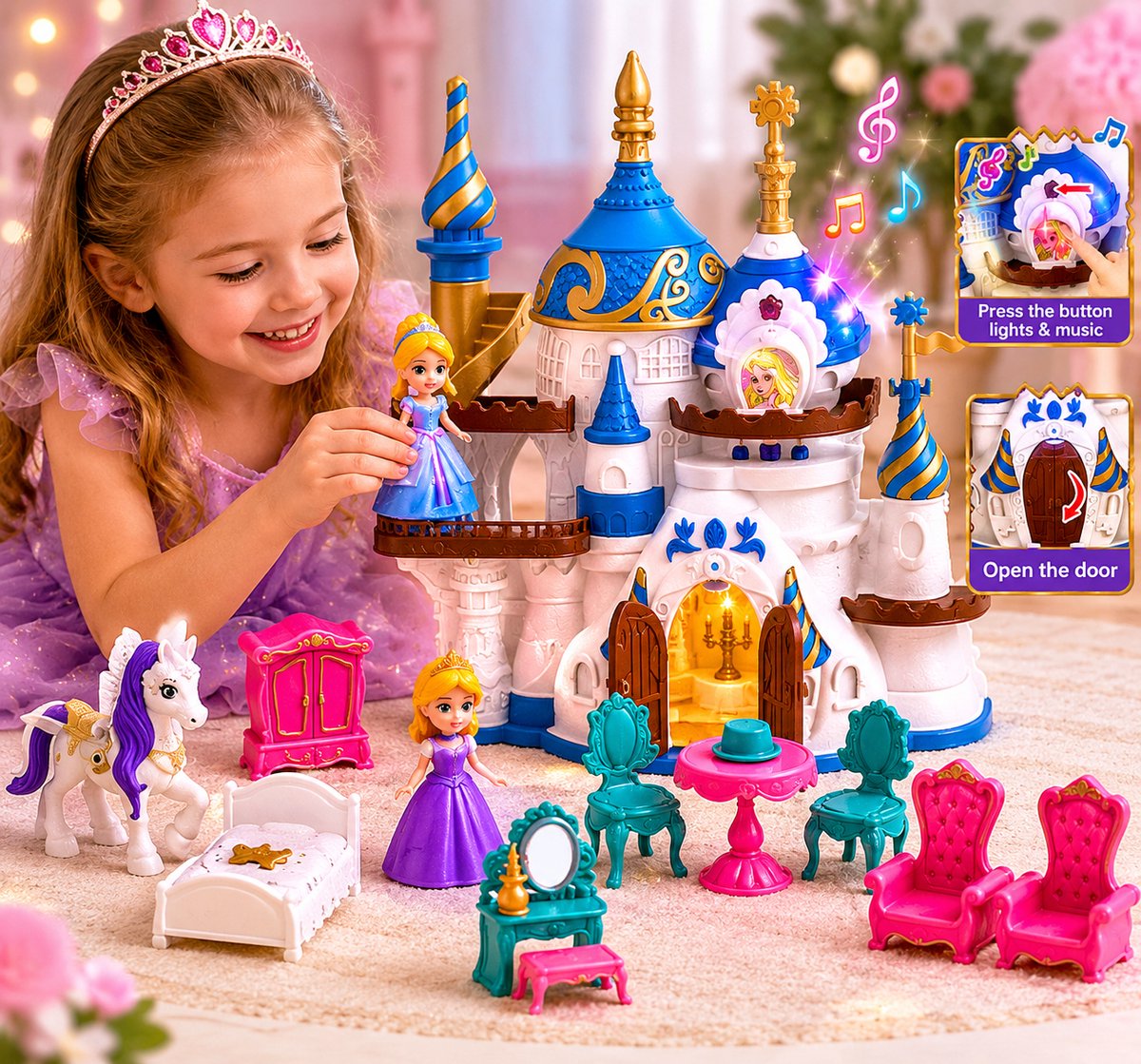 Dream Castle - 17 accessoires - Prinsessenkasteel - prinsesje + pony - licht en geluid - poppenhuis