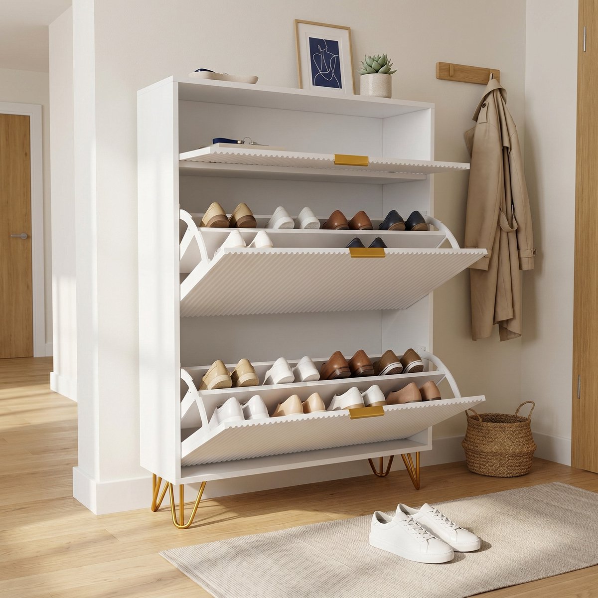 Smalle schoenenkast - 80x24x118.5cm - 3 kleppen met open vak - hout en metaal - geribbeld design - modern - wit