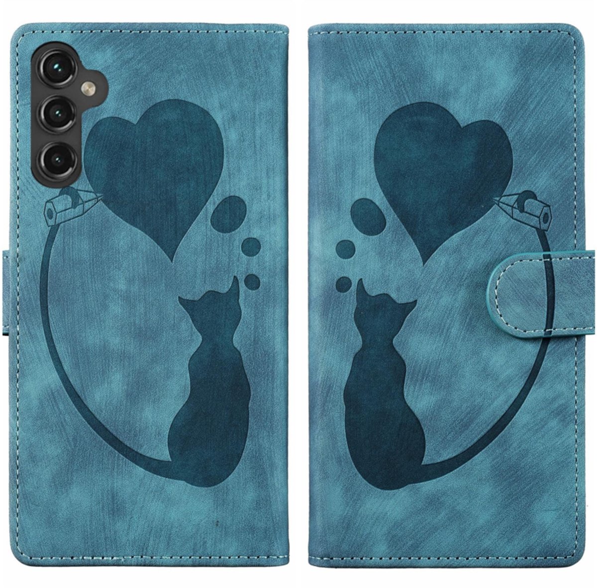 BoekCover Hoes Etui geschikt voor Samsung Galaxy A26 - A17 - A16 - Kat en Hart - Groen - Reliëf
