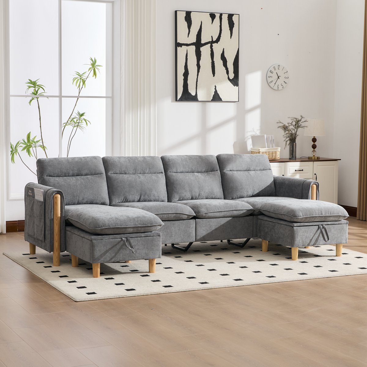 MIVRAY U-Bank 261 Cm - Modulaire 4-Zits Met 2 Opbergpoefs - Voor Woonkamer En Familiekamer - Chenille Lichtgrijs