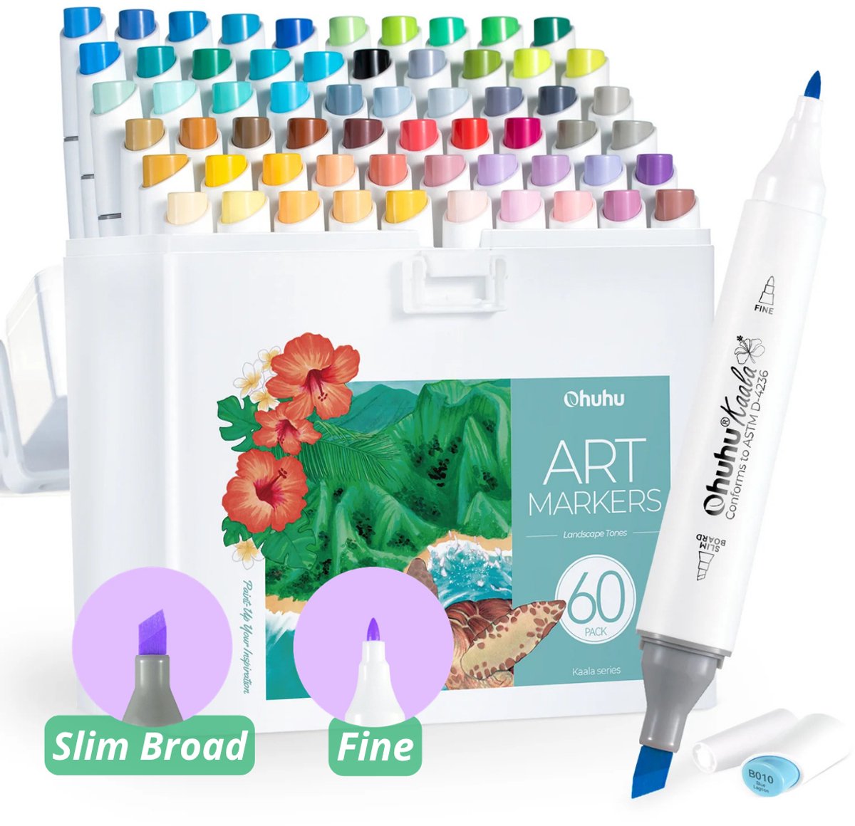 Ohuhu - Kaala Slim Broad & Fine - Alcohol based Art Markers - 60 Landscape Tones kleuren