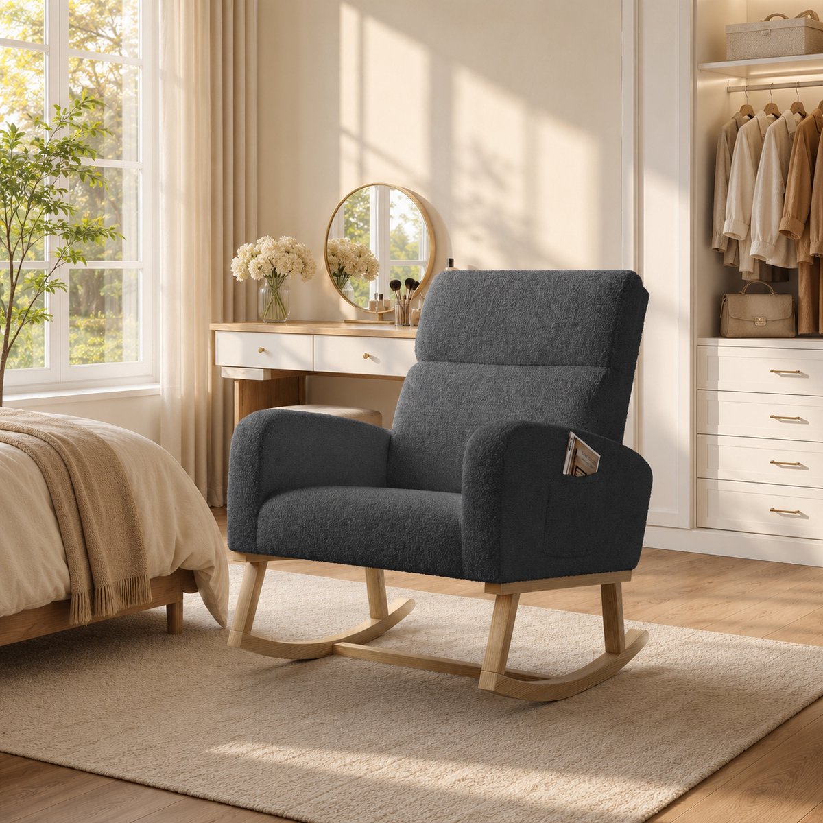 Schommelstoel - Relaxstoel babykamer met zijzakken - Fauteuil Met armleuningen en rugsteun - Voedingsstoel - houten poten - Teddy DonkerGrijs