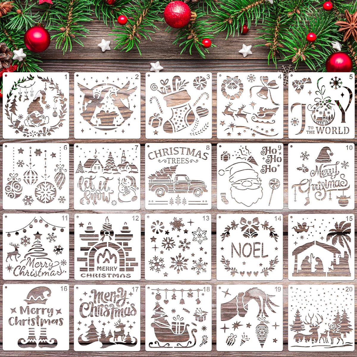 Dailygoods- Kerstsjablonen 20-delig - Herbruikbare Sjablonen - 15 x 15 cm - Kunststof - Voor Hout/Muur/Canvas - Creatieve Projecten