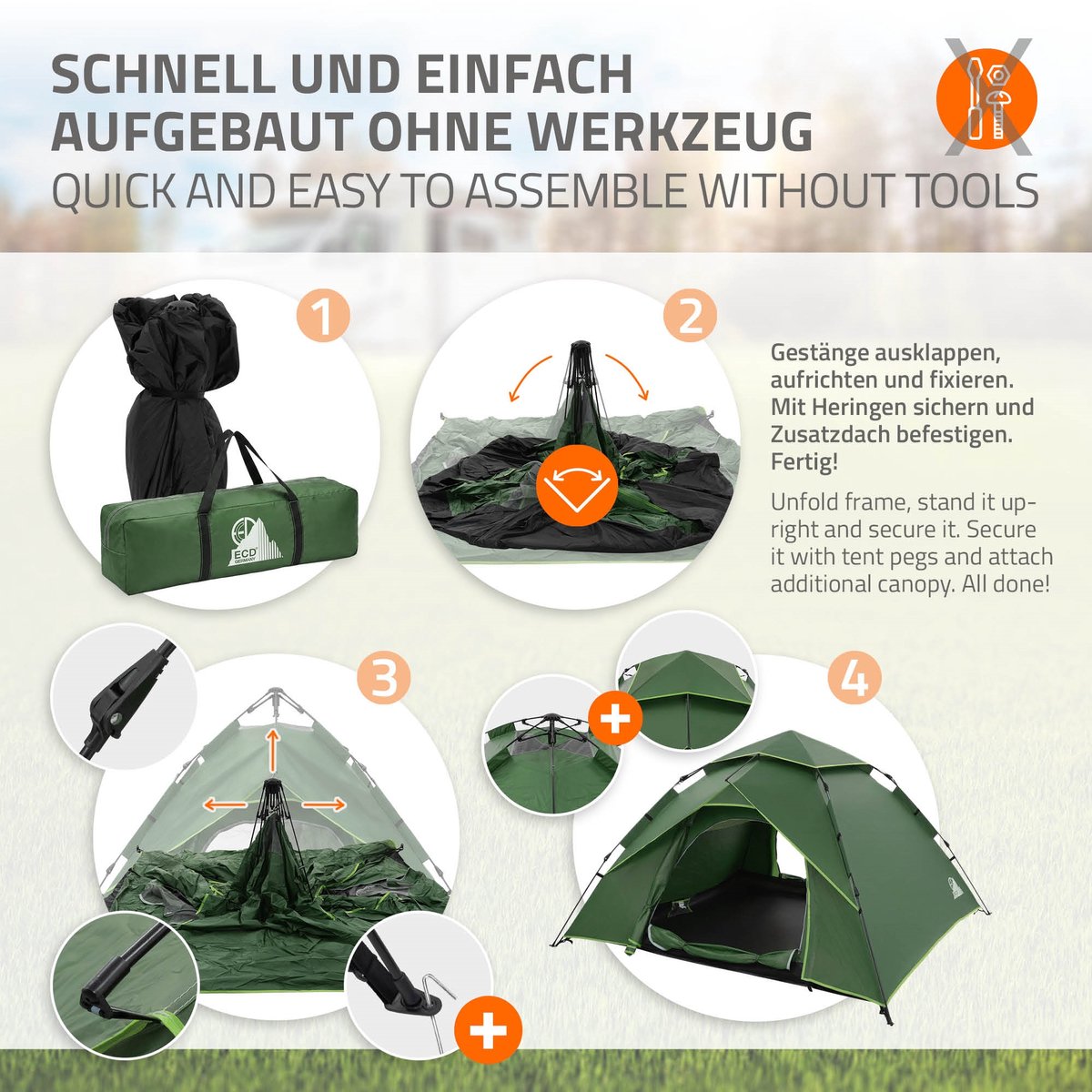 Pop-up tent voor 4 personen, kampeertent outdoor groen, dubbelwandige koepeltent met 2 deuren, waterdicht & winddicht met draagtas – foto 5