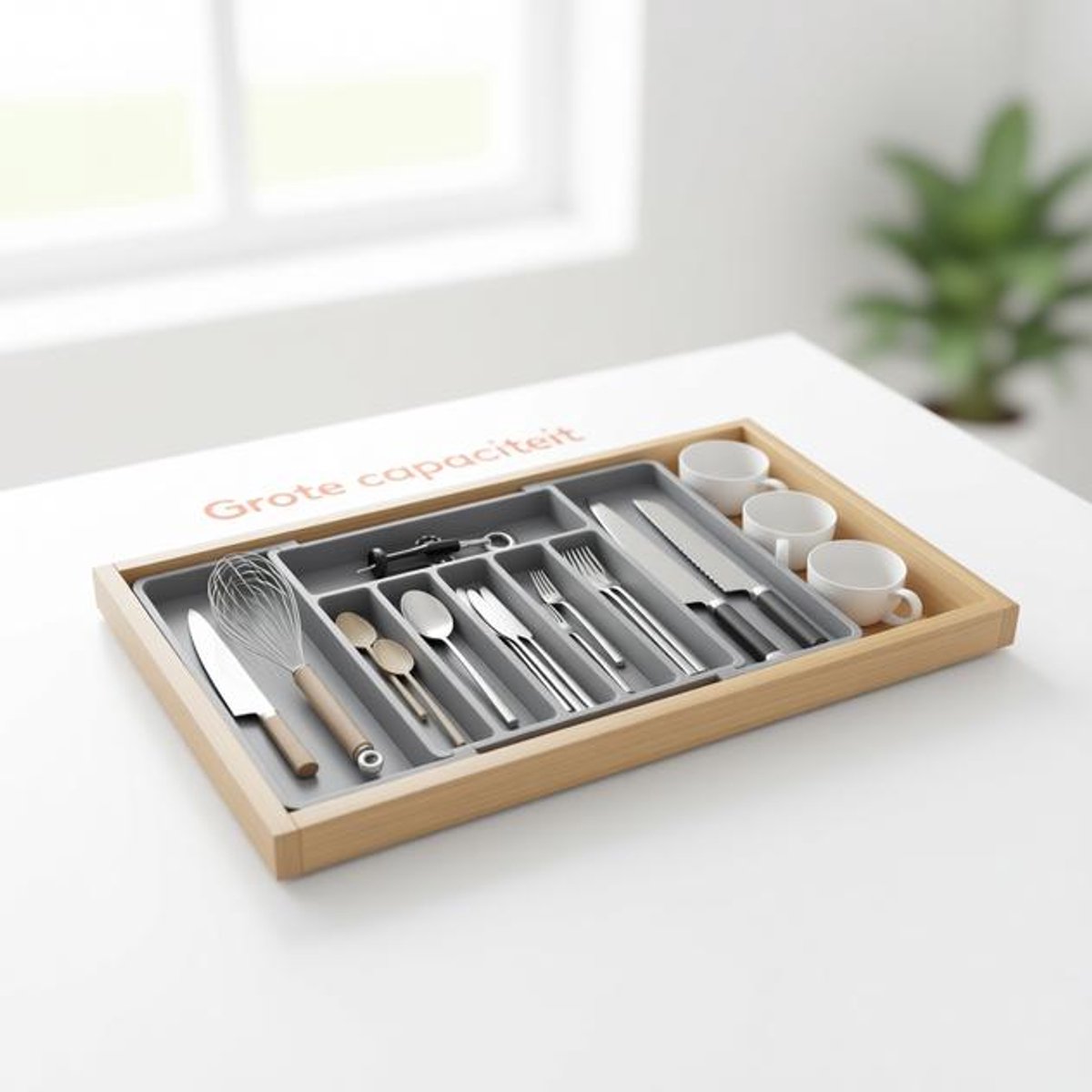 ElleMooi Bestekbak Lade Organizer Uitschuifbaar – Aanpasbare Plastic Cutlery Organiser 33-57x38 cm Grijs
