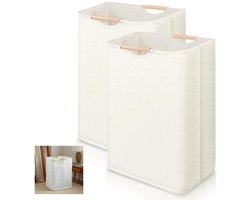 Dailygoods- Wasmand 2 Stuks - Smalle Wasmand - Wasmand met Houten Handgrepen - Polyester-Katoen - 40 × 30 × 59 cm - Wasverzamelaar - Wasmanden