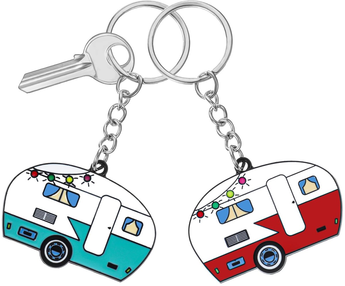Dailygoods- Sleutelhanger Woonwagen - 2 Stuks - Gepersonaliseerd - Zinklegering - Rood/Blauw - 4,5 × 3,4 cm - Stijlvol Design - Sleutelhanger Camper
