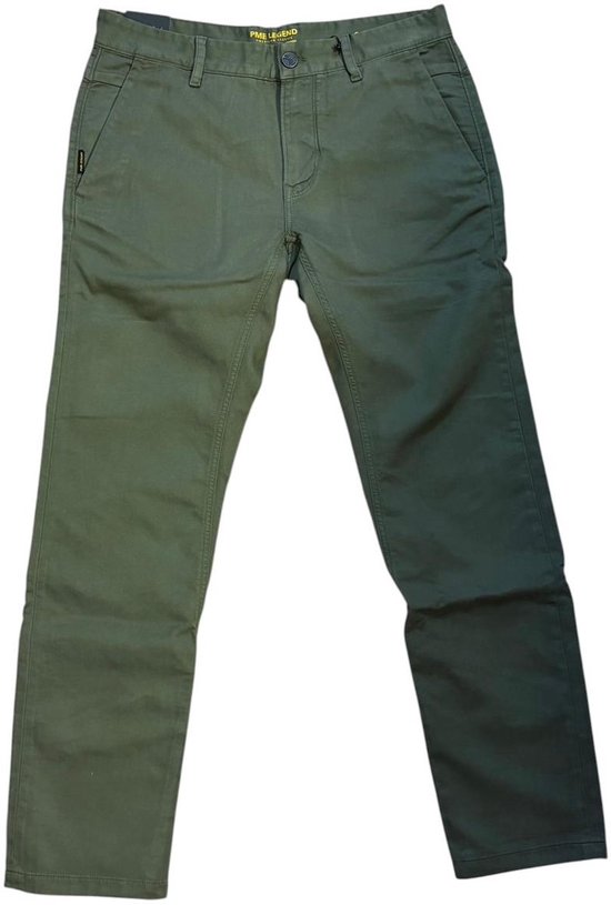 Groene PME Legend chino broek met knoopsluiting en opgestikte zakken.
