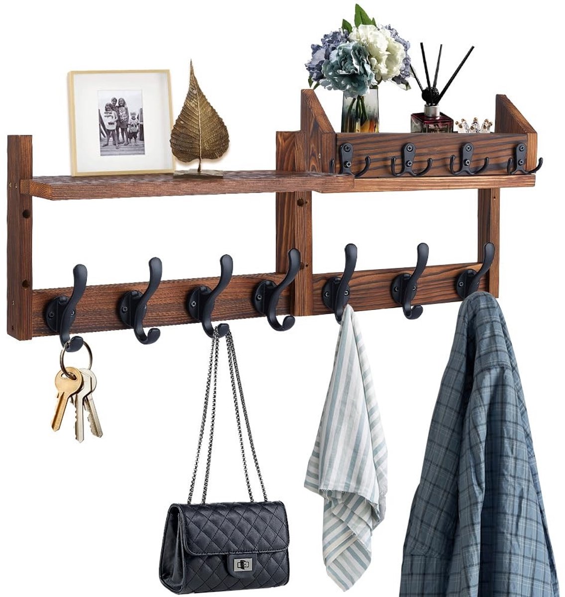 SOUQONE- Wandhaken met Plank Hout - Kapstok Wandmontage - Sleutelhanger met 11 Haken - Opbergruimte voor Jassen - Praktische Oplossing 72,9 cm