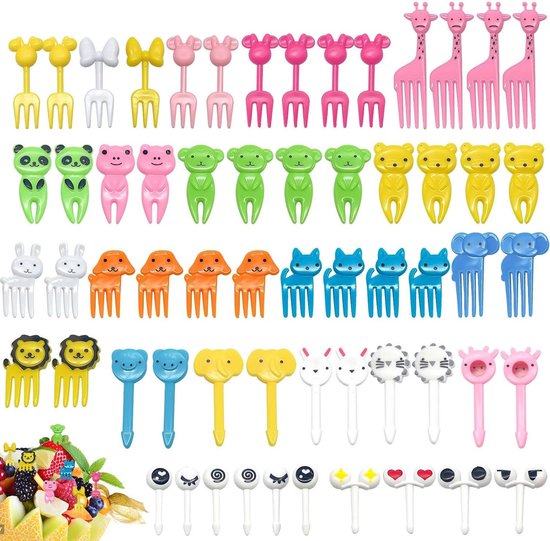 Collection de petites fourchettes animales : nœuds jaunes, lapins blancs, lapins roses, lapins roses, girafes roses, pandas verts, ours roses, grenouilles vertes, ours jaunes, lapins blancs, chiens oranges, chats bleus, éléphants bleus, lions jaunes, éléphants bleus, chats blancs, lions roses.