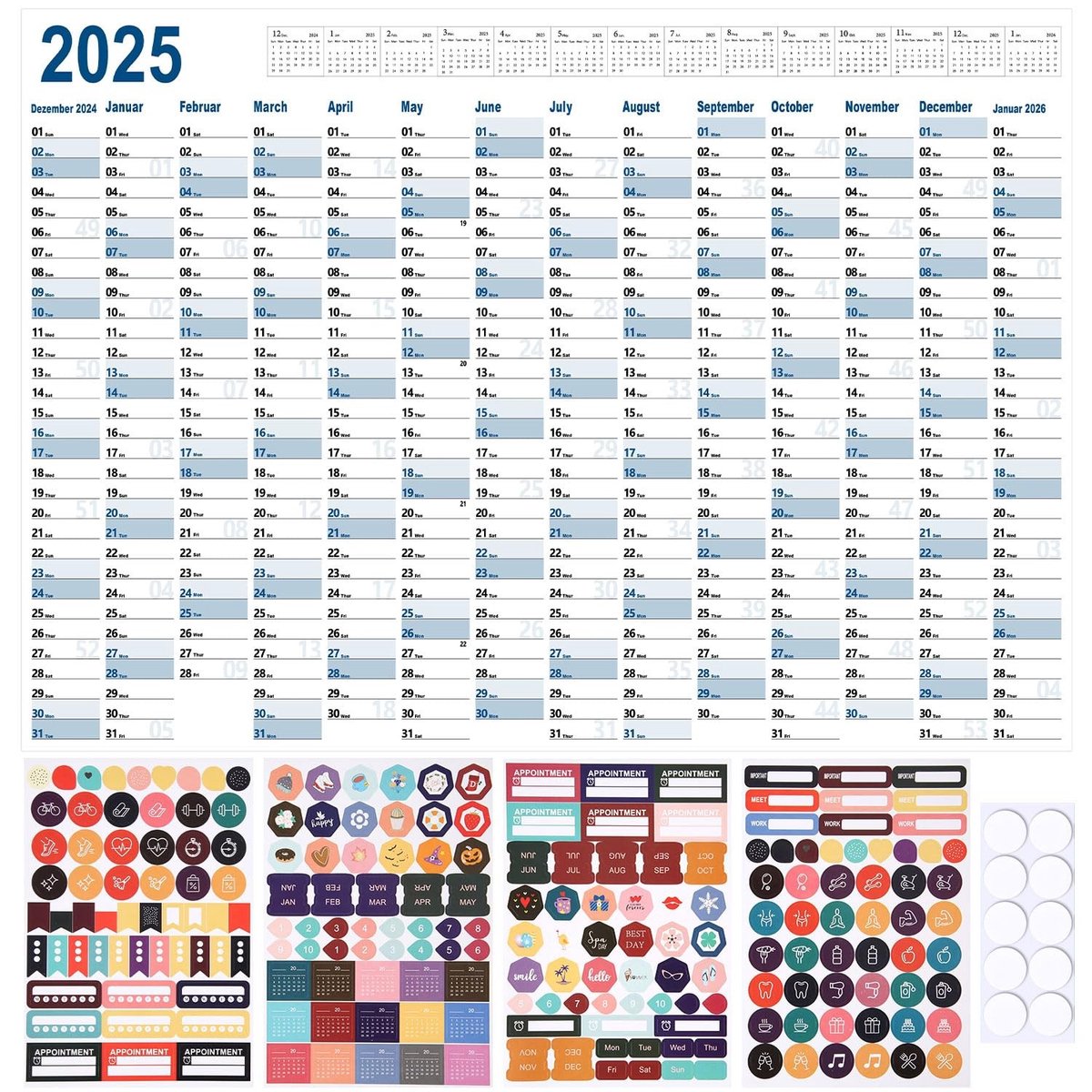 Dailygoods- Kalender 2026 - Grote Maandkalender - Planner - Kleurijk - Papier - 74x52,4 cm - Inclusief stickers - Planningskalender