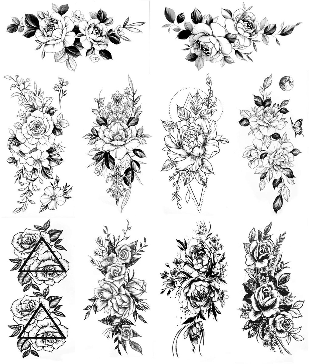 Dailygoods- Tijdelijke Tatoeages Waterdicht - 10 Vellen Bloem/Flora - Grote Pioen/Roos - Realistische Stickers - Voor Volwassenen/Meisjes - Perfect voor Feestjes - Tattoo Stickers