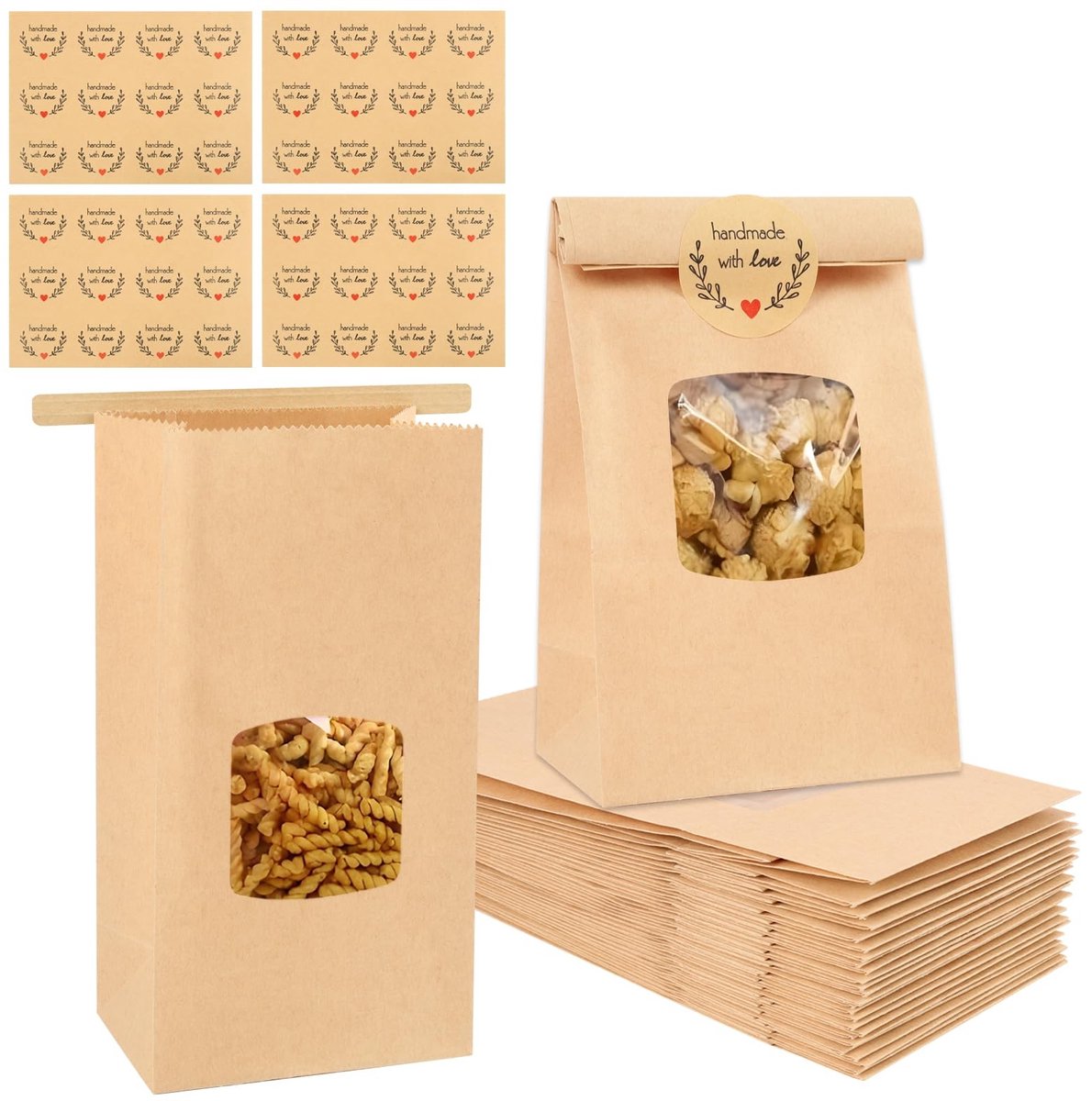 Dailygoods- Koekjeszakjes 25 stuks - Papieren Zakjes met Venster - Blokbodemzakjes - Voedselveilig Kraftpapier - Vetafstotend - Ideaal voor Bakwaren
