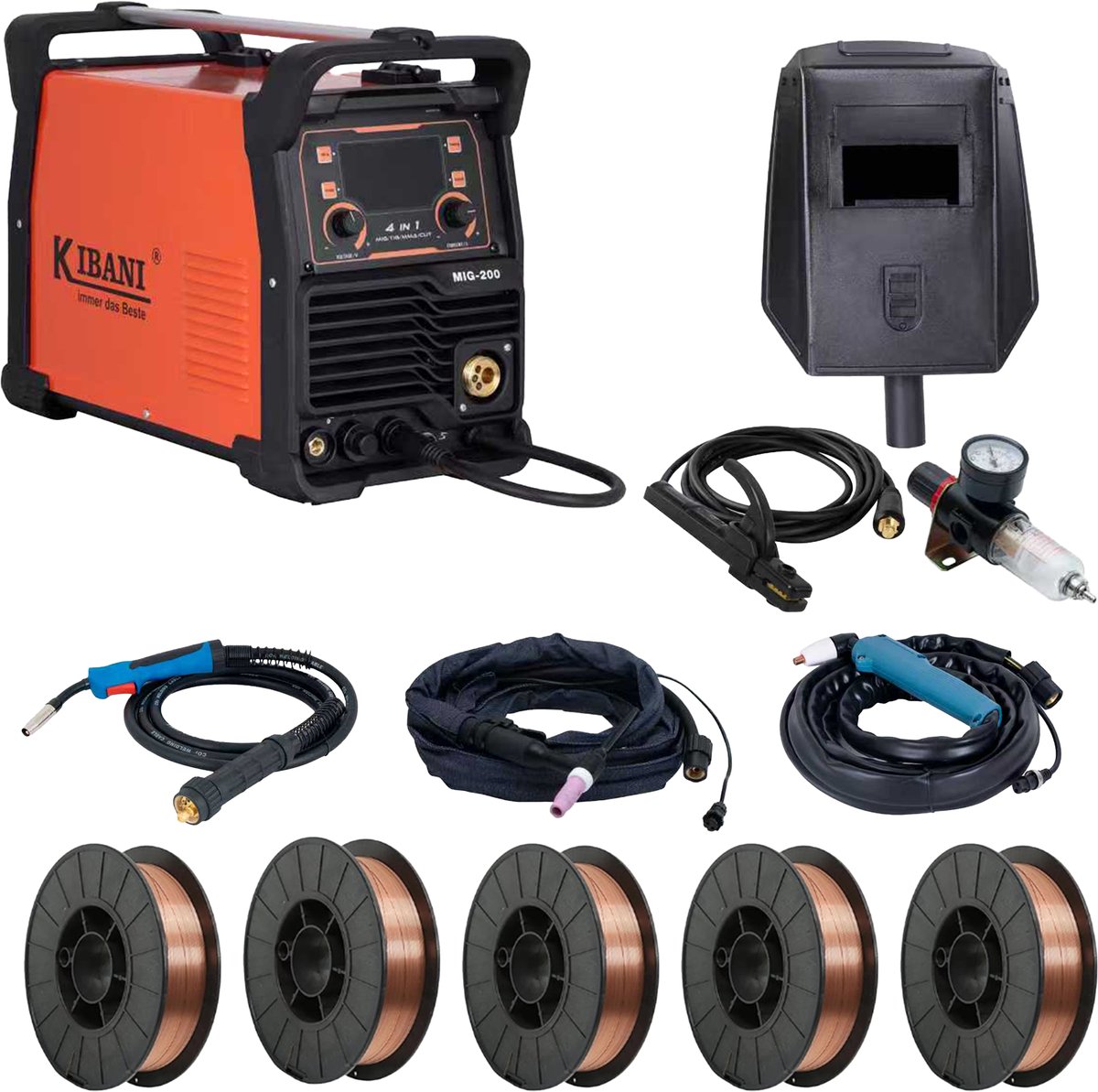 Kibani Lasapparaat 4-in-1 incl. 5 Rollen Lasdraad 5kg - Plasmasnijder en Lasapparaat in 1 - IGBT-Inverter-Technologie - Semi-Automatische Omvormer - Lasapparaat Elektrisch - MIG - MMA - TIG - CUT