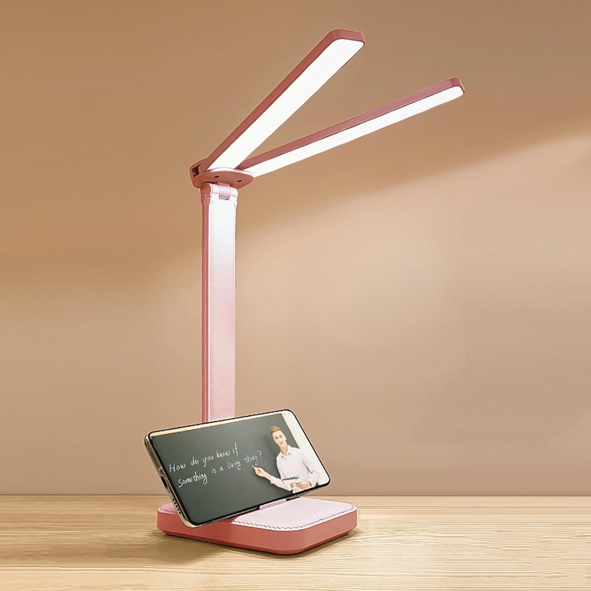 ZVD Led-bureau-lamp met dubbele kop – Oplaadbaar en draagbaar – Instelbare lichtkleur en helderheid – Werkt op USB – Geschikt voor werk, lezen en noodverlichting – Roze