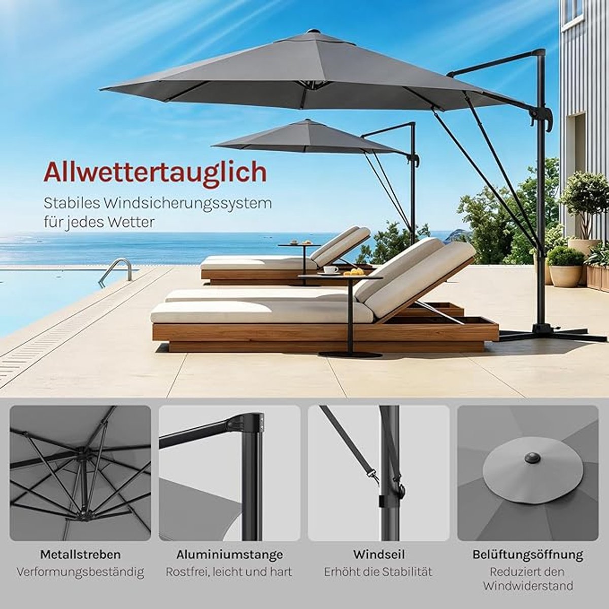 Luxe Aluminium Zweefparasol 300 cm – 360° Draaibaar Tuinparasol met 5 Kantelstanden, UPF50+ Bescherming, Windtouwen & Beschermhoes
