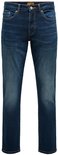 Donkere jeans met oranje stiksels, van voren gezien.