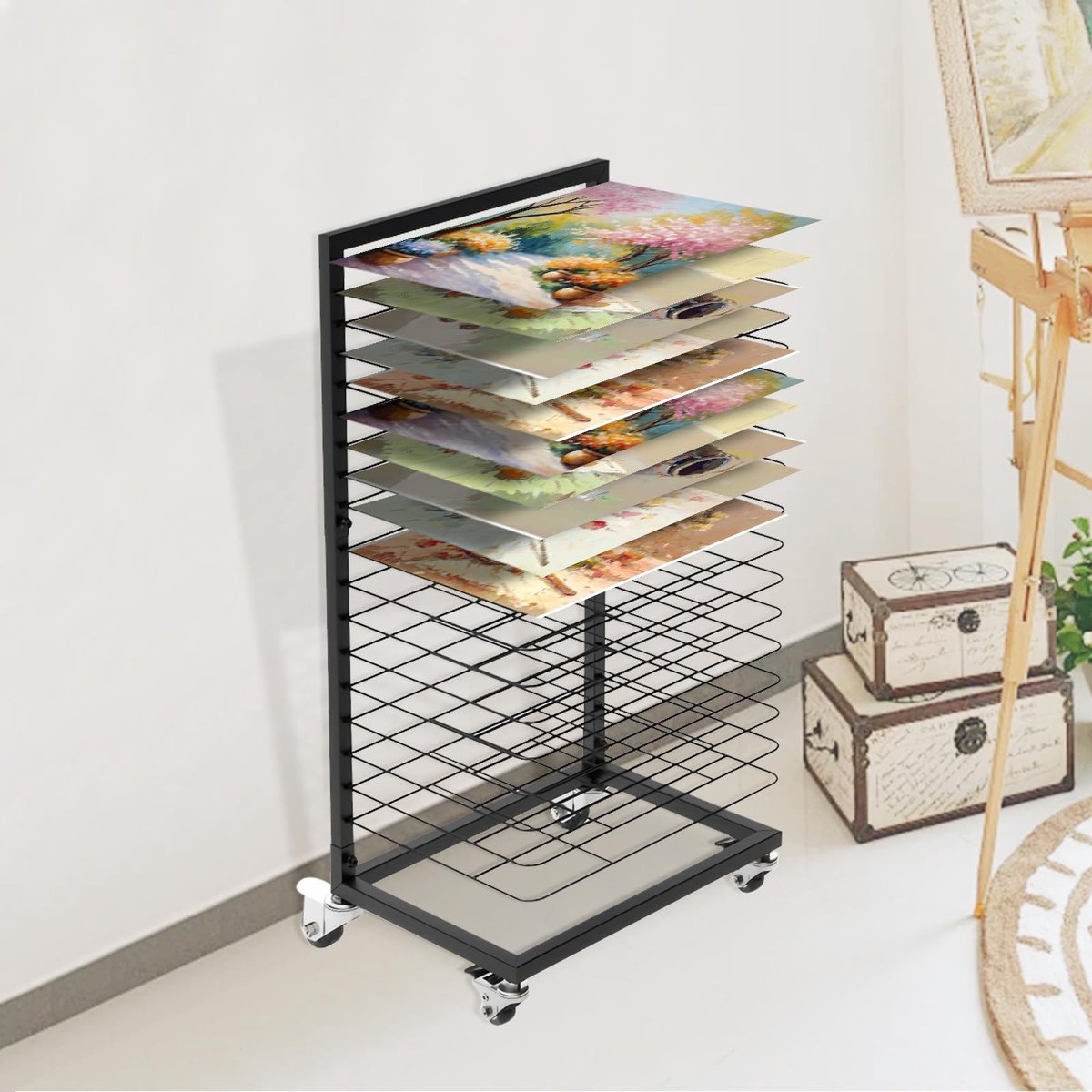 Dailygoods- Fotodroogrek Mobiel met 18 Planken - Vergrendelbare Wielen - Functioneel Design - Opbergoplossing voor Kunstwerken - Afmetingen 42 x 30 x 77 cm - Droogrek