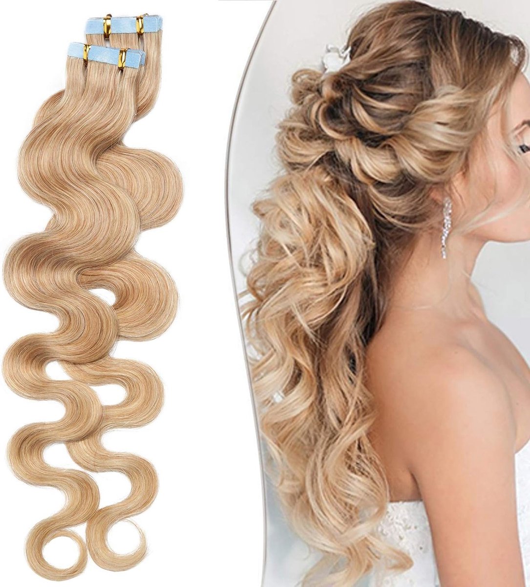 Tape Extensions van Menselijk Haar - Golvend 35cm - 20 Stuks - 100% Remy Haar - Honingblond #27-1 - Inclusief 10 Dubbelzijdige Vervangende Lijmstrips