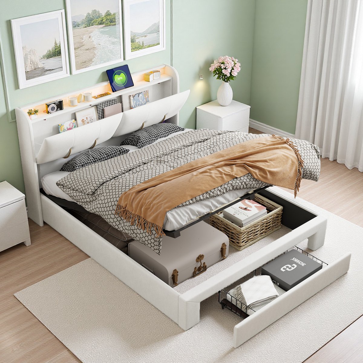 BursDany Opbergbed 140x200 cm met LED en USB, gestoffeerd tweepersoonsbed met laden, opbergruimte en lattenbodem, voor volwassenen en tieners, zonder matras, fluweel beige