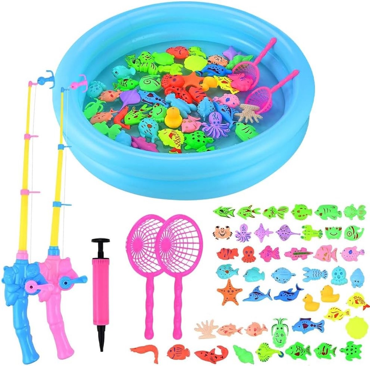 Vis Speelgoed Set met 52 Stukken, Magnetisch Vissen Spel voor Kinderen vanaf 3 Jaar, Bad Speelgoed en Water Speelgoed met Vissen en Opblaasbare Visvijver Geschenk voor Kinderen