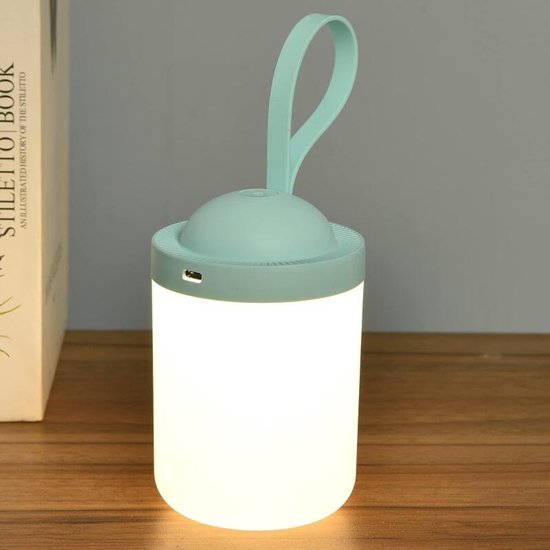 Een lichtgroene, draagbare lamp met een aan/uit knop en een USB-C poort, staat naast een boek.