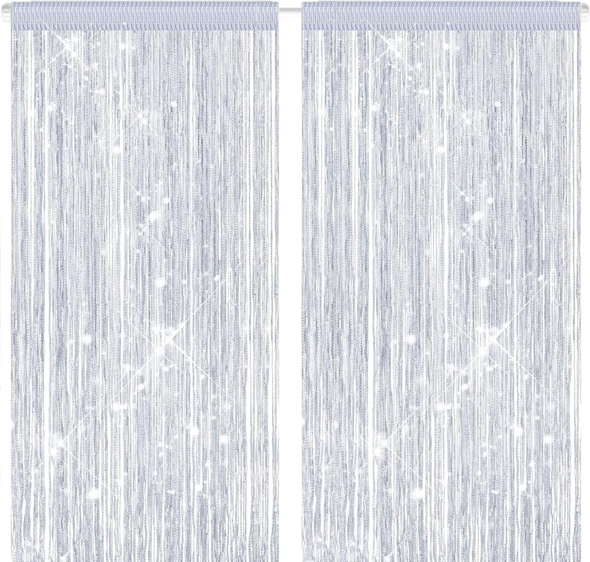2 Stuks Vliegen Gordijn Voor Deur | 100x200cm Zilver Glanzend String Gordijn | Polyester Muggenbescherming | Decoratief Scheidingsgordijn | Voor Terrasdeur En Voordeur | Luchtdoorlatend | Eenvoudig Te Bevestigen Zonder Gereedschap| Cyslmuk®