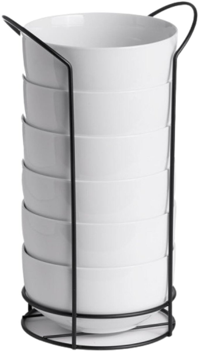 Vessia Soepkommen / schaaltjes - 6x stuks - porselein - 800 ml - wit - In stapelrek van metaal - stapelbaar