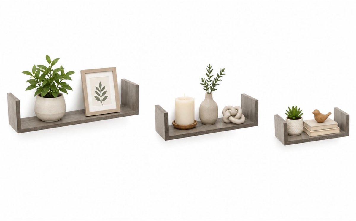 5Five® 5five Zwevende wandplanken Fixy - set in 3x maten lengte 22/32/42 cm - lichtgrijs - hout - boekenplanken - muurplanken - opbergplanken - hangplanken