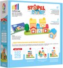 Doos van 'Stapel Dorp' met houten blokken, spelbord, boom en opdrachtenboekje.