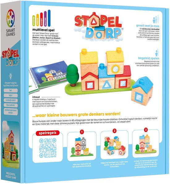 Doos van 'Stapel Dorp' met houten blokken, spelbord, boom en opdrachtenboekje.
