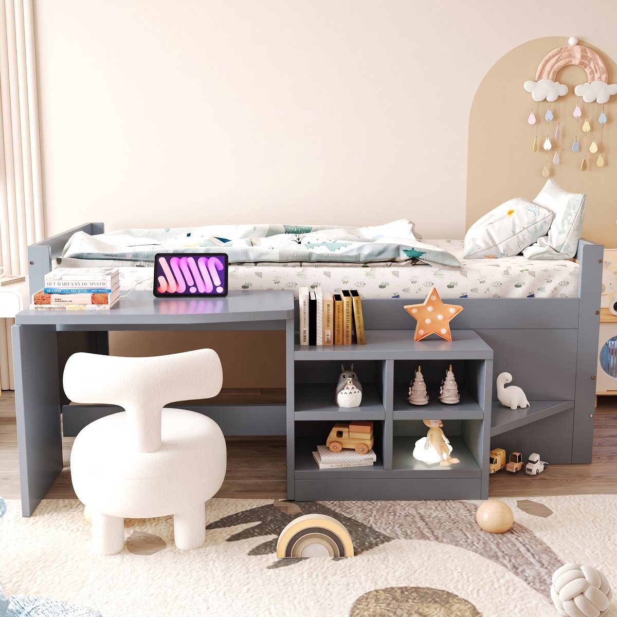 VVBV Kinderbed 90x200 / Kinderbed met bureau – met Opbergruimte, USB – Grijs – met Opbergruimte, Bureau en Opbergvakken – Kinderbed met Kast
