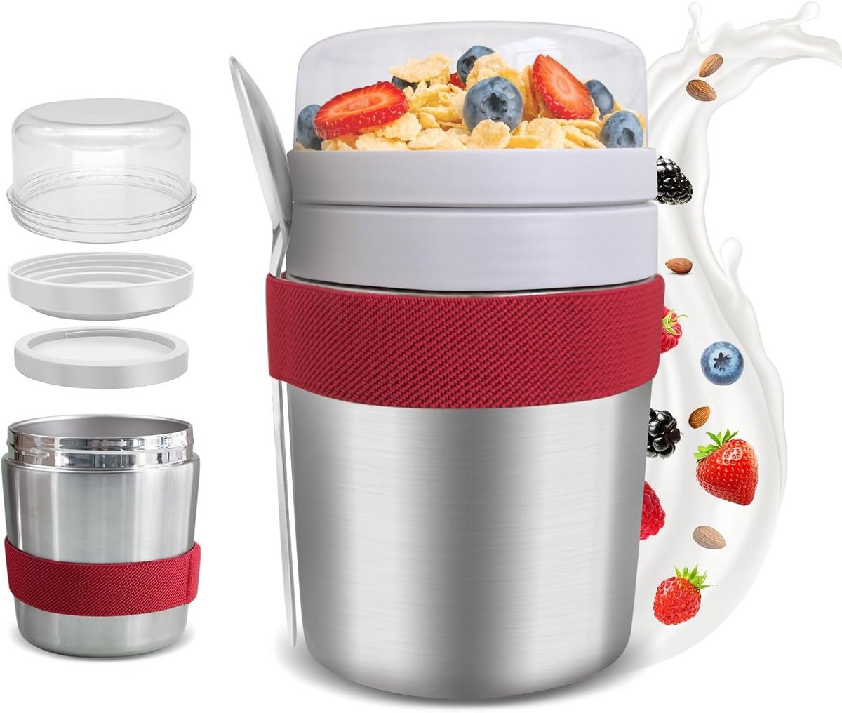 Draagbare Muesli Box met Lepel, Dubbelwandig en Vacuüm Geïsoleerd, Lekvrij en Vaatwasmachinebestendig, Ideaal voor Ontbijt en Snacks met 500 ml en 220 ml Compartimenten