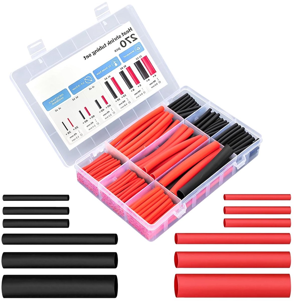 Set van 270 Stuks Krimpkous, 3:1 Verhouding, Assortiment met Lijm, 6 Maten, Dubbelwandig, Perfect voor Elektrische Isolatie en Kabelverbindingen, Zwart en Rood