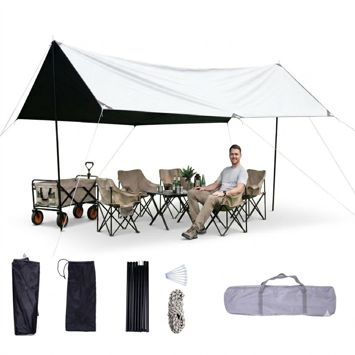 Camping Tarp met Stokken 3x5m – Waterdichte & UV Bestendige Luifel – Snel Op te Zetten Schaduwdoek voor Camping, Tuin & Strand