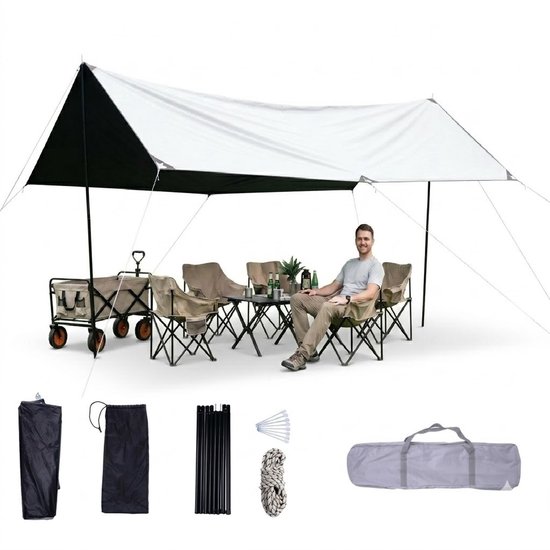 Camping Tarp met Stokken 3x5m – Waterdichte & UV Bestendige Luifel – Snel Op te Zetten...