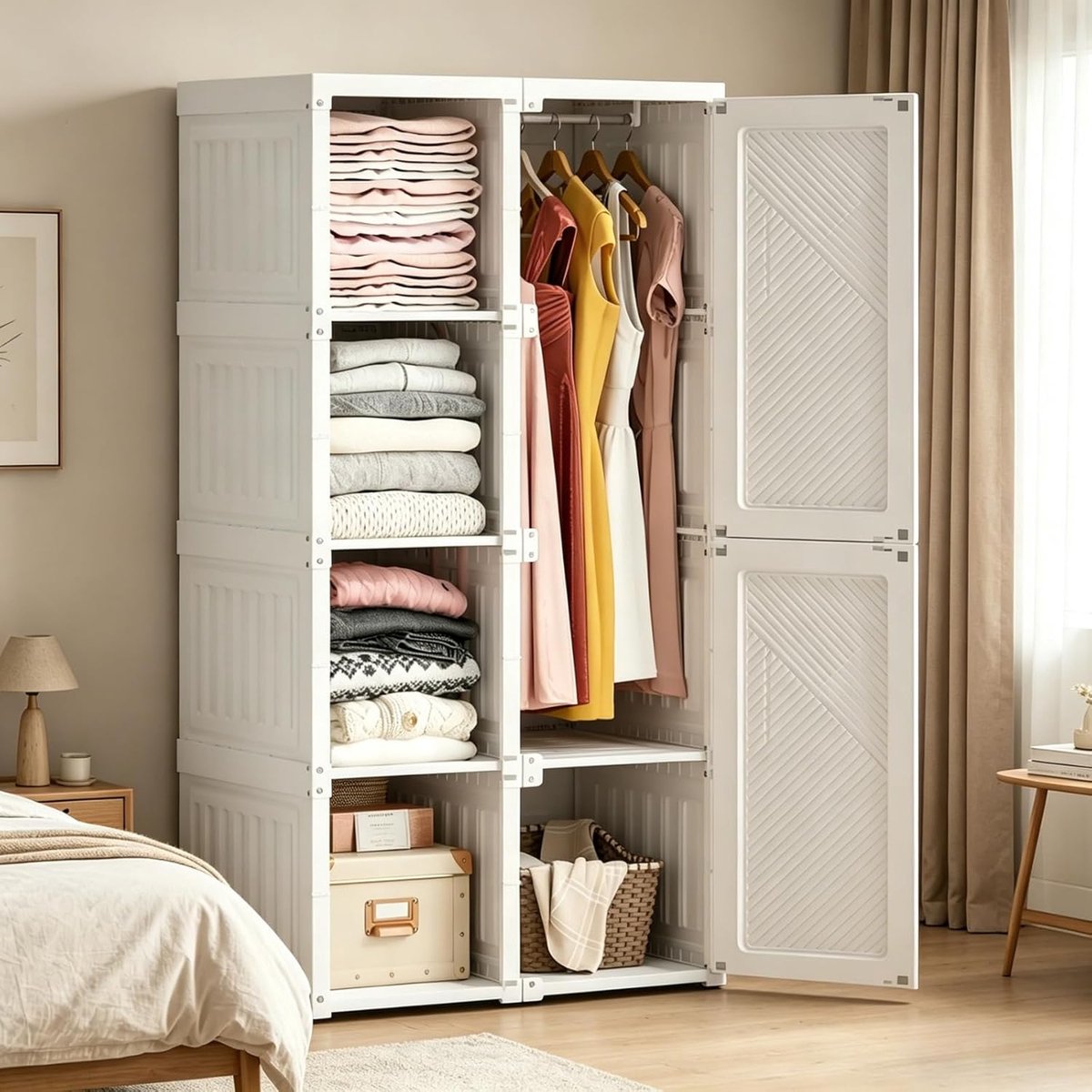 Opvouwbare Kledingkast 136x50x69 cm – Witte Multifunctionele Opbergkast met Kledingstang, Stof- en Vochtbestendig, Lichtgewicht & Ruimtebesparend – Moderne Slaapkamerkast voor Woonkamer, Slaapkamer of Studentenkamer – Vermissen