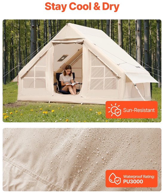 Zolara Glamping tent - Opblaasbare Tent - 4x3,1m - Kampeertent 3-4 Personen - Gezinstent - Met Pomp - Waterdicht Glamping Tent- Snel Opzetbaar - Beige van Merkloos — afbeelding 4