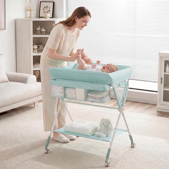 Aankleedkussen Baby Commode Opvouwbaar - Rugvriendelijk Verstelbaar Ontwerp - Met Wielen & Opbergruimte - Waterdicht en Wasbaar - Ideaal voor Verschonen, Verzorging & Babykamer - inklapbare commode, verschoontafel, baby verzorgingsstation