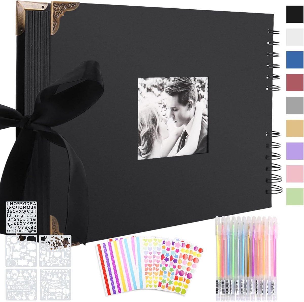 Personaliseerbaar fotoalbum met spiraalbinding, 30 zwarte pagina's, fotohoeken en stickers voor bruiloften en speciale gelegenheden, 21,5 x 15 cm, zwart