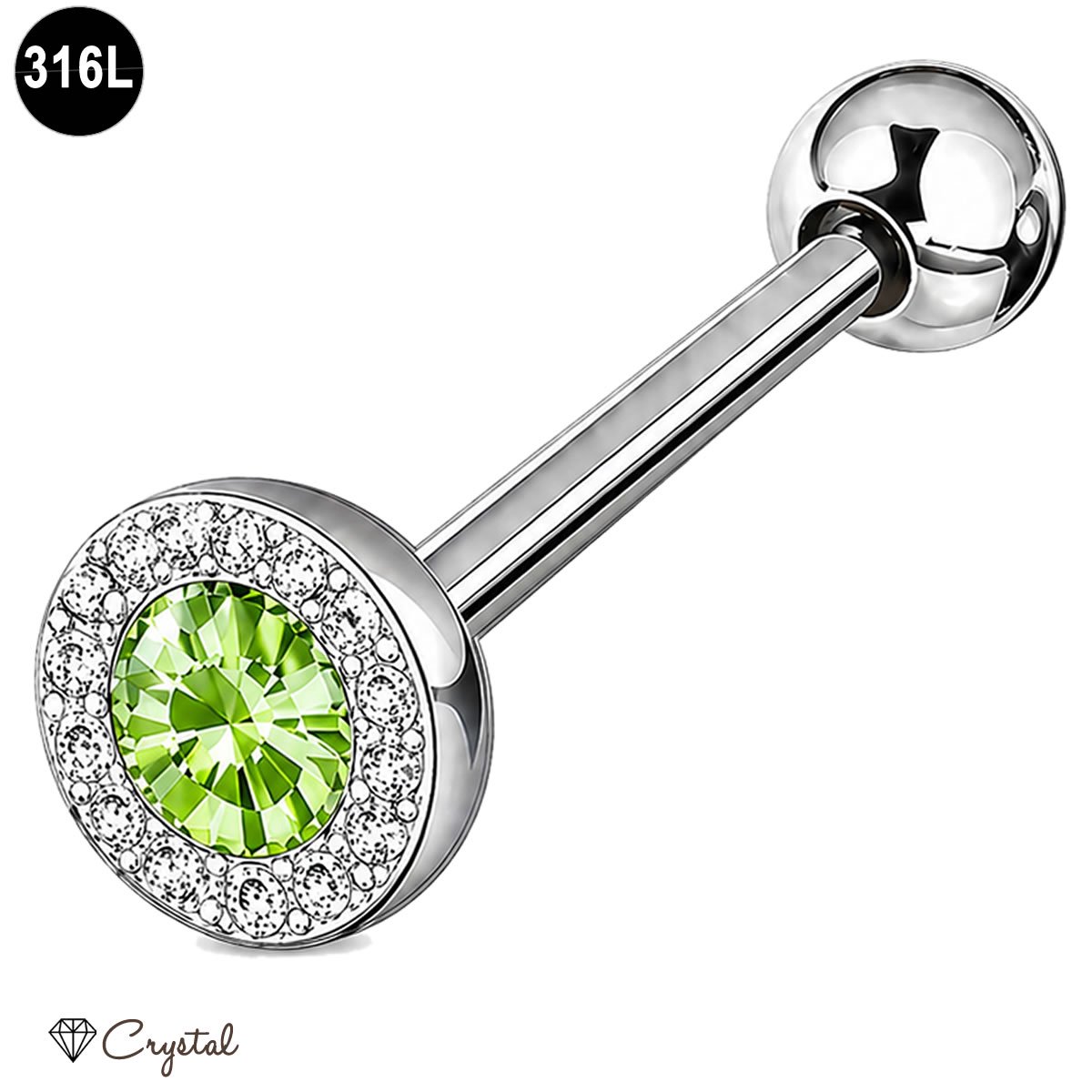 Tongpiercing - 316L Chirurgisch Staal - met Crystal Licht Groen en Clear Steentjes