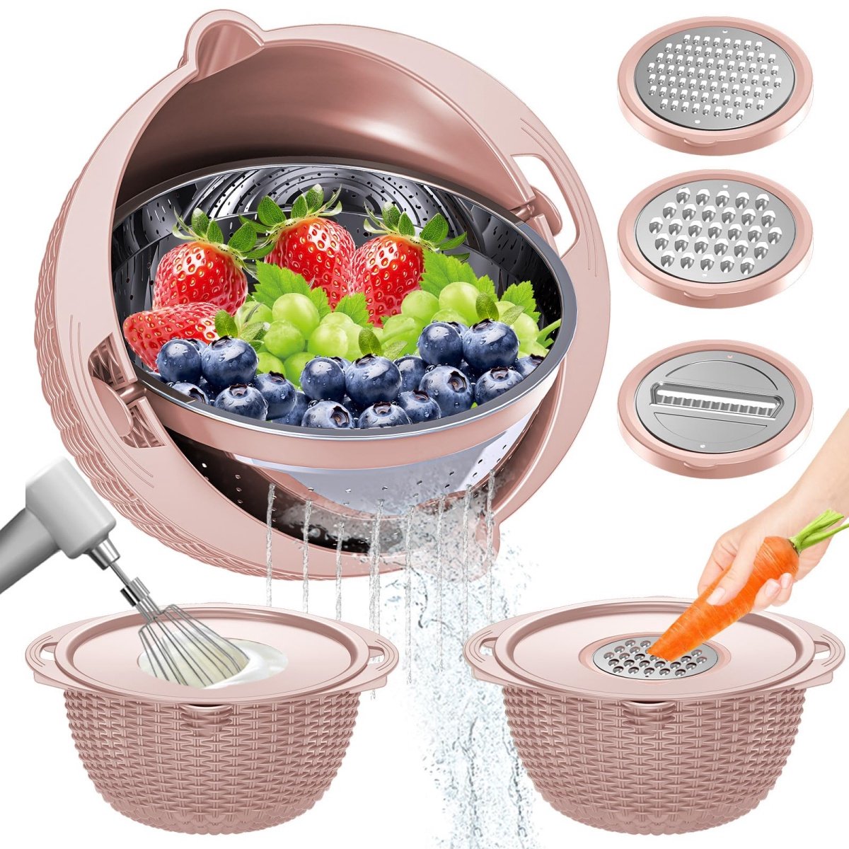longziming -4-In-1 Vergietset - Multifunctionele Groentekom - Keukengerei Met Draaibaar Scharnier - Rvs En Kunststof - Antislip Bodem - Ergonomisch Ontwerp - Vaatwasserbestendig - 1 Stuks - Roze