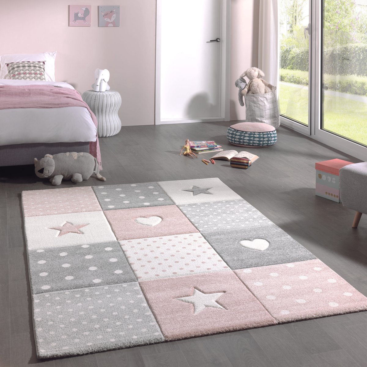 the carpet Monde Kids – zacht kindertapijt met harten, sterren en stippen, korte pool, onderhoudsvriendelijk en allergievriendelijk, roze/grijs, 120 x 170 cm