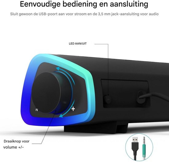 GELLDG PC-luidspreker - Dubbele Luidsprekers met Schuine Vormgeving - 41,5x7,8x5,8cm - USB-aangedreven LED-licht Soundbar - Geschikt voor Desktop en Laptop - Kunststof - Compacte Surround Sound Luidspreker — afbeelding 3