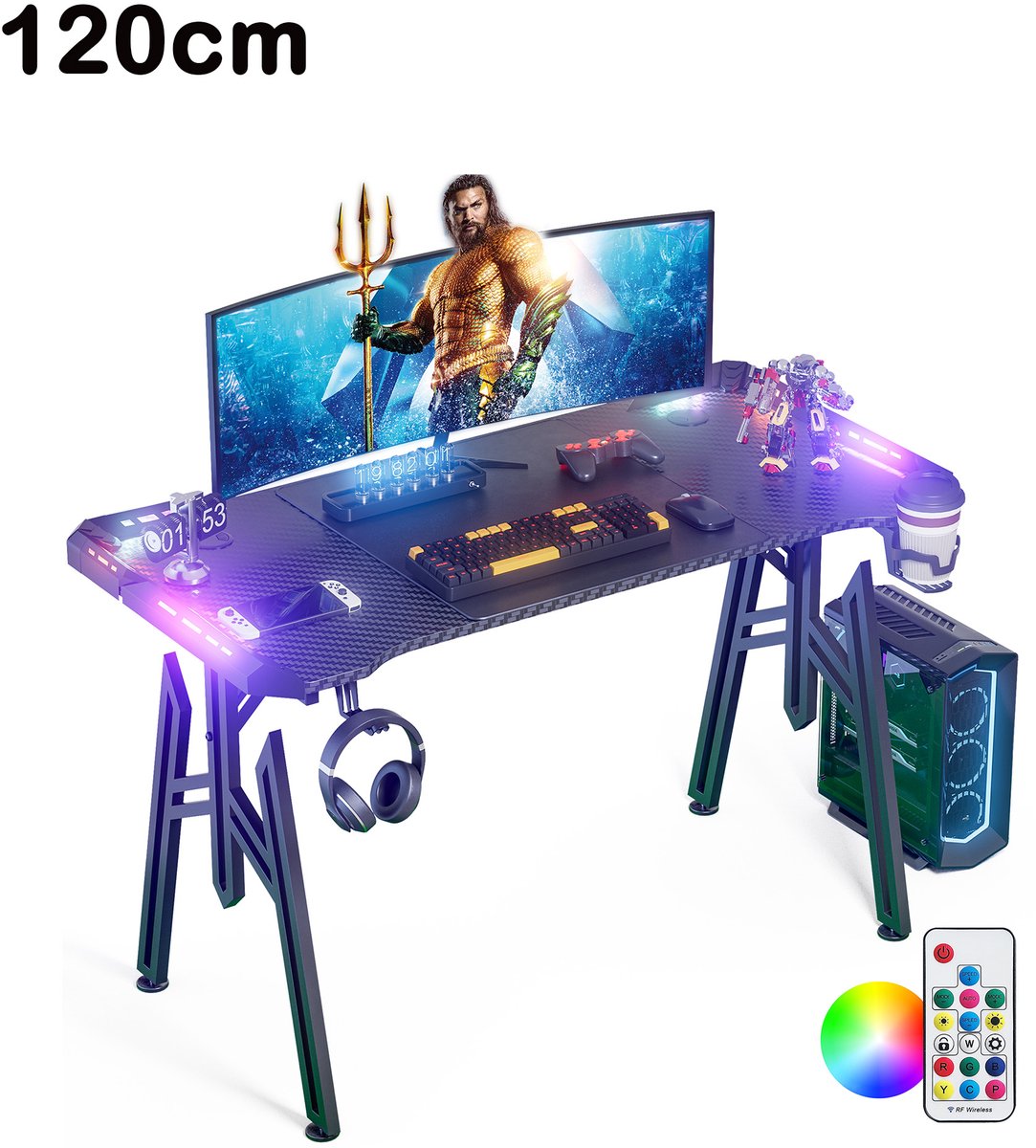 Gaming Bureau 120 cm met RGB LED – Computerbureau met Carbon Look – M-Frame – Zwart