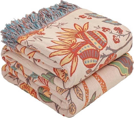 Sprei in boho-stijl-100% katoen- 150 x 200 cm- knuffeldeken- omkeerbare deken voor bed- bank en woonkamer- cadeau-idee voor familie en vrienden