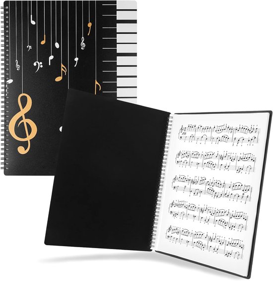 Zwarte muziekmap met toetsenbordprint en muzieknoten, geopend op een pagina met bladmuziek.