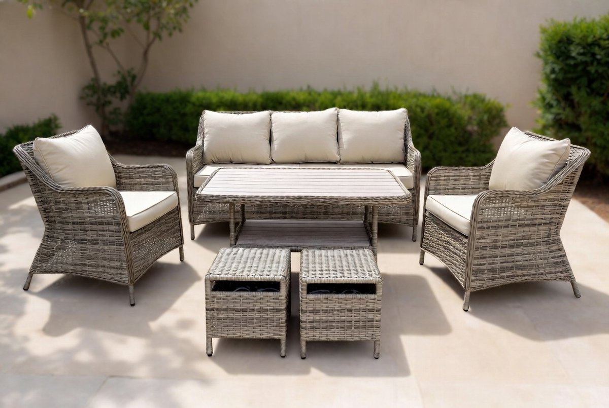 Luxe Polyrattan Tuin Loungeset Firenze Deluxe – 6-delige Lounge Set met 2-Zits Bank, 2 Fauteuils, 2 Voetenbanken & Opbergtafel – Weerbestendige Rotan Look Tuinmeubelen met Kussens – Beige – Medahomestore