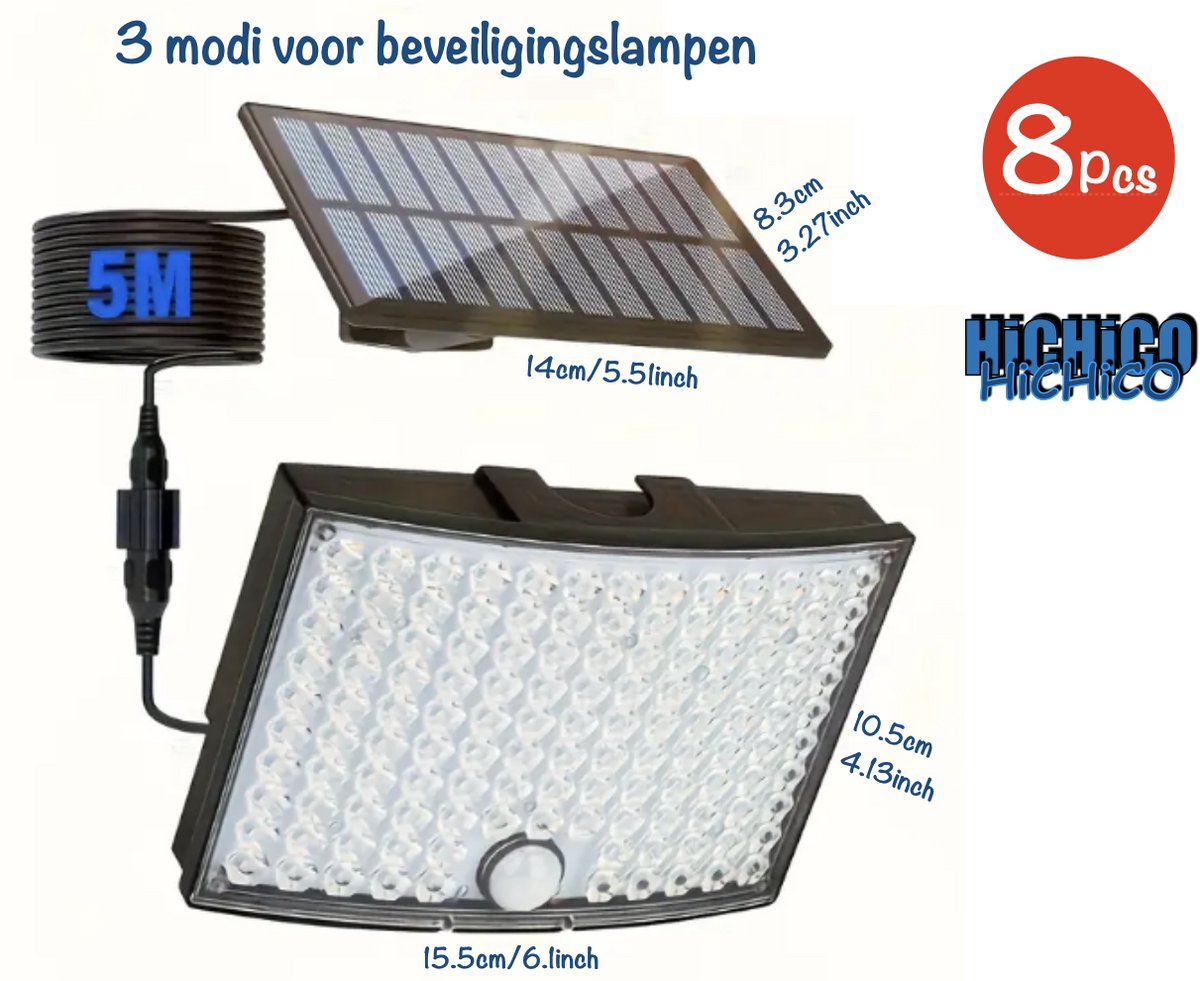 HiCHiCO® Tuin wandlampen - Solar Buitenlamp met Bewegingssensor - wandverlichting, 3 modi voor beveiligingslampen - Tuinverlichting - Wandlamp Buiten 8Pcs