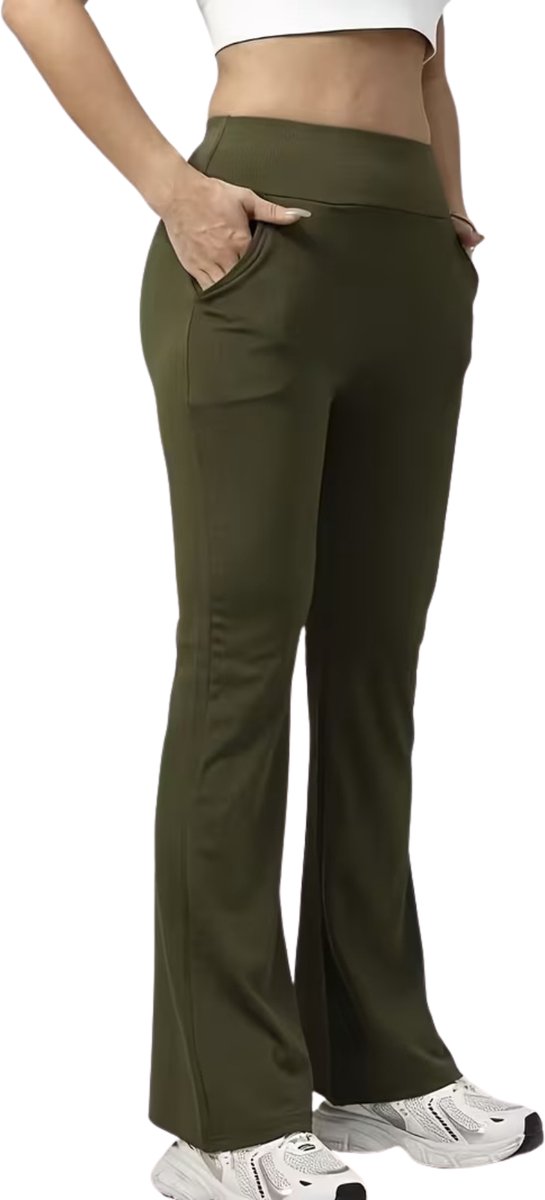 SparkNine Horizon flare broek - dames legging met zakken - petite pijplengte - L - legergroen - hoge taille - stijlvol & elastisch - bestseller